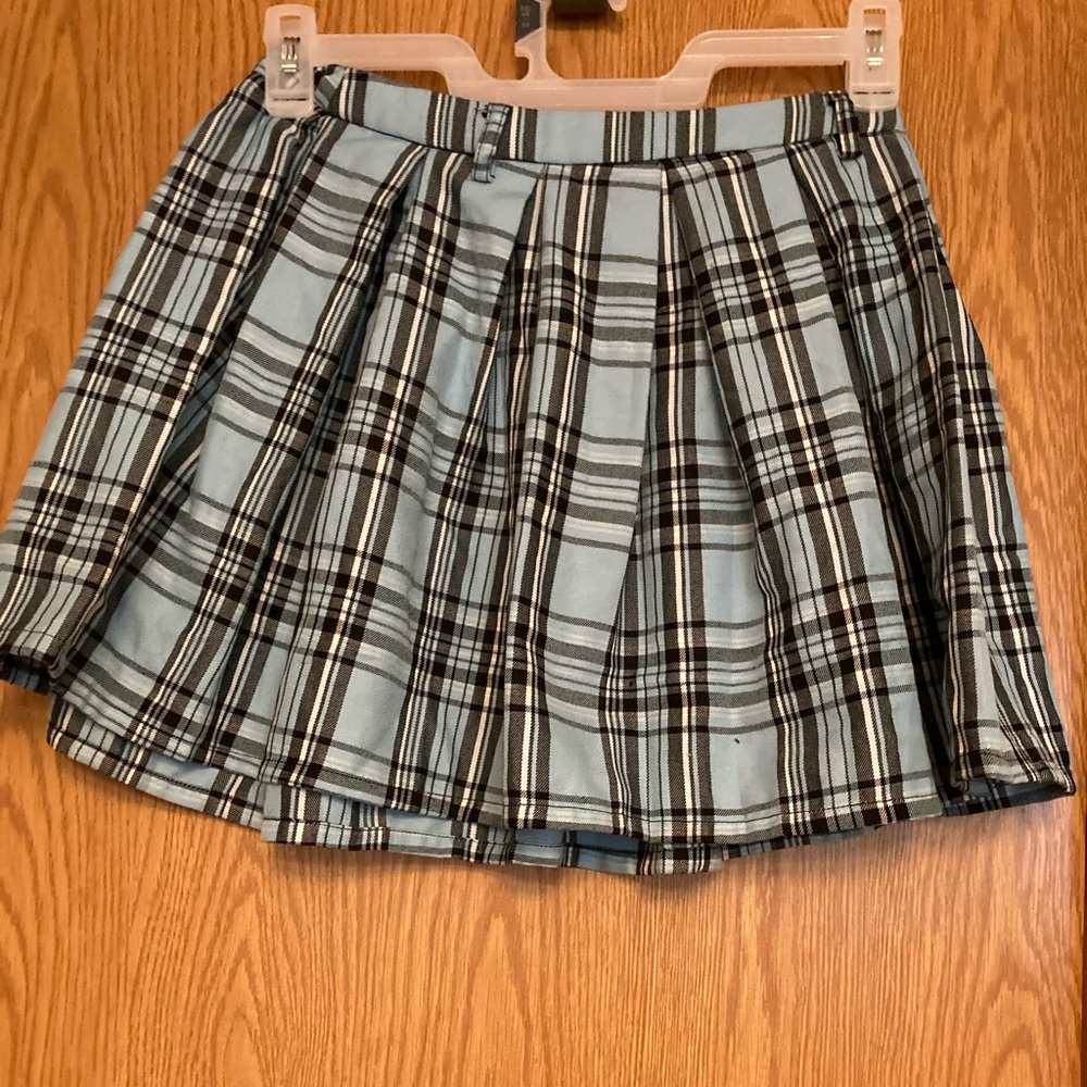 Blue and black plaid skirt, is short, from hot topic.